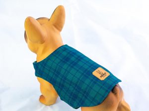 Kurtka przeciwdeszczowa dla psa marki Frenczi. Zdjęcie ubranka dla psa na miarę. Wzór Zielona krata